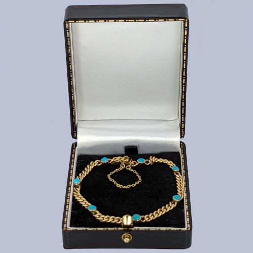 ANTIQUE TURQUOISE CURB LINK BRACELET 9CT YELLOW GOLD VINTAGE EDWARDIAN BRACELET - ADDITIONAL PHOTO 5