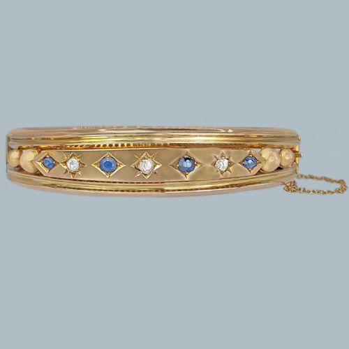 victorian sapphire and diamond bangle 15ct gold antique bracelet circa 1890 - CATEGORY: ANTIQUE JEWELLERY - DATED VICTORIAN