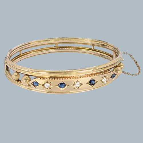 VICTORIAN SAPPHIRE AND DIAMOND BANGLE 15CT GOLD ANTIQUE BRACELET CIRCA 1890 - ADDITIONAL PHOTO 1