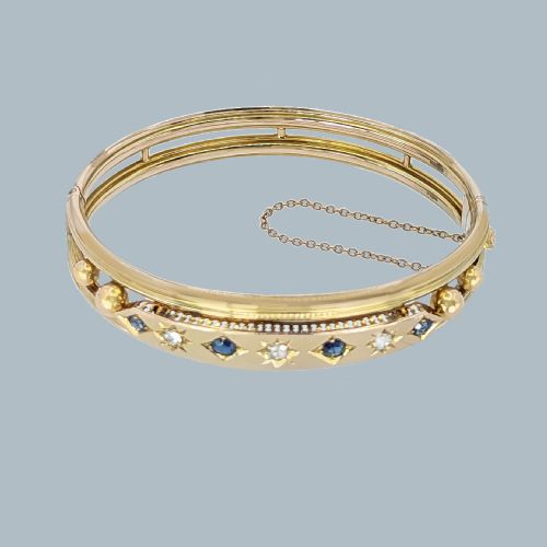 VICTORIAN SAPPHIRE AND DIAMOND BANGLE 15CT GOLD ANTIQUE BRACELET CIRCA 1890 - ADDITIONAL PHOTO 3