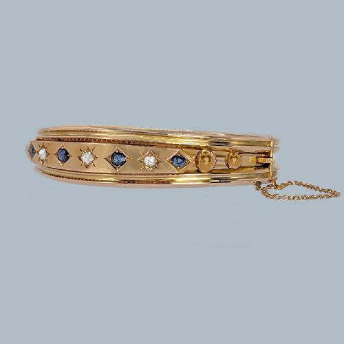 VICTORIAN SAPPHIRE AND DIAMOND BANGLE 15CT GOLD ANTIQUE BRACELET CIRCA 1890 - ADDITIONAL PHOTO 5