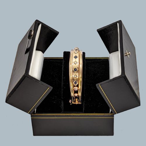 VICTORIAN SAPPHIRE AND DIAMOND BANGLE 15CT GOLD ANTIQUE BRACELET CIRCA 1890 - ADDITIONAL PHOTO 8