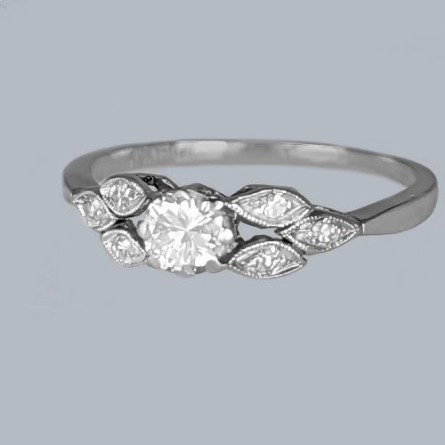 VINTAGE PLATINUM SOLITAIRE RING 194050S DIAMOND ENGAGEMENT RING WITH FOLIATE SHOULDERS - ADDITIONAL PHOTO 1