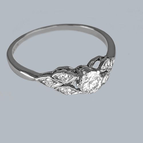 VINTAGE PLATINUM SOLITAIRE RING 194050S DIAMOND ENGAGEMENT RING WITH FOLIATE SHOULDERS - ADDITIONAL PHOTO 2