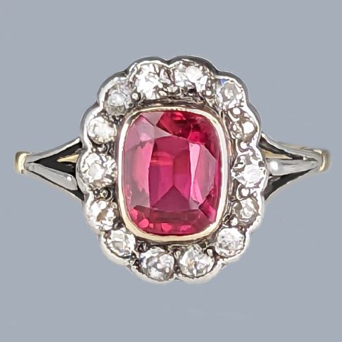 victorian synthetic ruby old cut diamond cluster ring 18ct gold and silver antique ring - CATEGORY: ANTIQUE JEWELLERY - DATED VICTORIAN