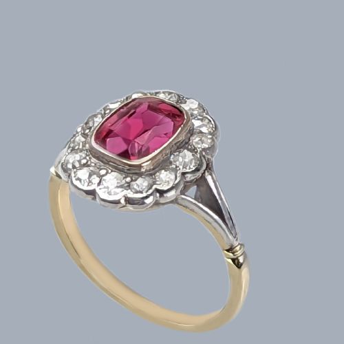 VICTORIAN SYNTHETIC RUBY OLD CUT DIAMOND CLUSTER RING 18CT GOLD AND SILVER ANTIQUE RING - ADDITIONAL PHOTO 1