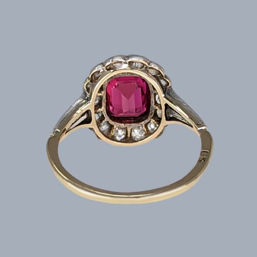VICTORIAN SYNTHETIC RUBY OLD CUT DIAMOND CLUSTER RING 18CT GOLD AND SILVER ANTIQUE RING - ADDITIONAL PHOTO 3