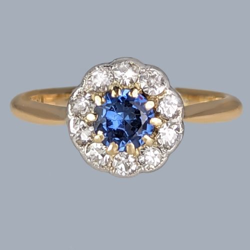 vintage sapphire and diamond cluster ring 18ct gold 1920s antique daisy ring - CATEGORY: ANTIQUE JEWELLERY - DATED 1920