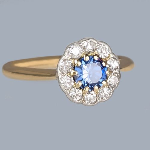 VINTAGE SAPPHIRE AND DIAMOND CLUSTER RING 18CT GOLD 1920S ANTIQUE DAISY RING - ADDITIONAL PHOTO 1