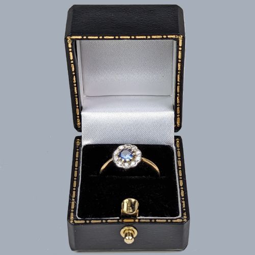 VINTAGE SAPPHIRE AND DIAMOND CLUSTER RING 18CT GOLD 1920S ANTIQUE DAISY RING - ADDITIONAL PHOTO 4