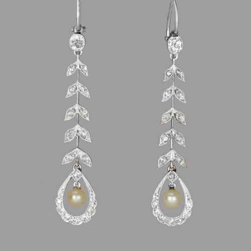 edwardian pearl diamond drop earrings platinum antique foliate dangle earrings - CATEGORY: ANTIQUE JEWELLERY - DATED EDWARDIAN