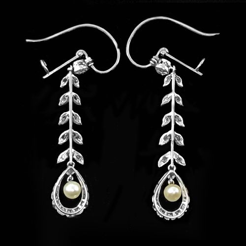 EDWARDIAN PEARL DIAMOND DROP EARRINGS PLATINUM ANTIQUE FOLIATE DANGLE EARRINGS - ADDITIONAL PHOTO 2