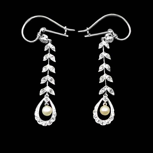 EDWARDIAN PEARL DIAMOND DROP EARRINGS PLATINUM ANTIQUE FOLIATE DANGLE EARRINGS - ADDITIONAL PHOTO 3