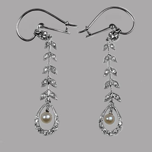 EDWARDIAN PEARL DIAMOND DROP EARRINGS PLATINUM ANTIQUE FOLIATE DANGLE EARRINGS - ADDITIONAL PHOTO 4