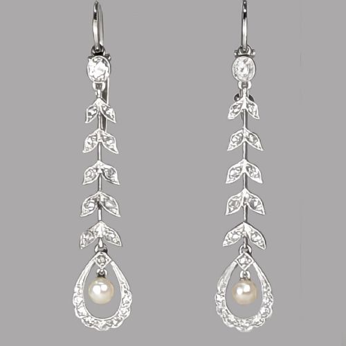 EDWARDIAN PEARL DIAMOND DROP EARRINGS PLATINUM ANTIQUE FOLIATE DANGLE EARRINGS - ADDITIONAL PHOTO 5