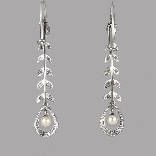 EDWARDIAN PEARL DIAMOND DROP EARRINGS PLATINUM ANTIQUE FOLIATE DANGLE EARRINGS - ADDITIONAL PHOTO 6