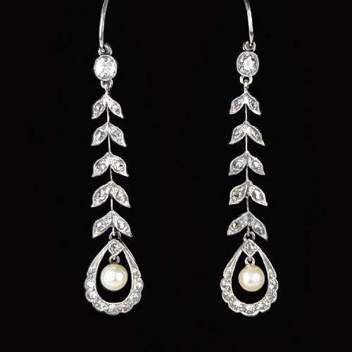 EDWARDIAN PEARL DIAMOND DROP EARRINGS PLATINUM ANTIQUE FOLIATE DANGLE EARRINGS - ADDITIONAL PHOTO 7
