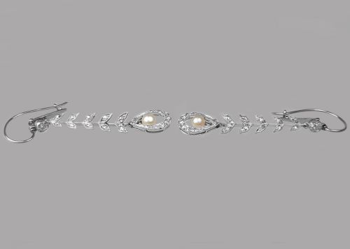 EDWARDIAN PEARL DIAMOND DROP EARRINGS PLATINUM ANTIQUE FOLIATE DANGLE EARRINGS - ADDITIONAL PHOTO 8