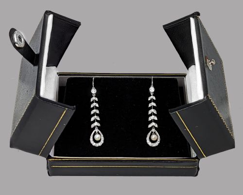 EDWARDIAN PEARL DIAMOND DROP EARRINGS PLATINUM ANTIQUE FOLIATE DANGLE EARRINGS - ADDITIONAL PHOTO 9