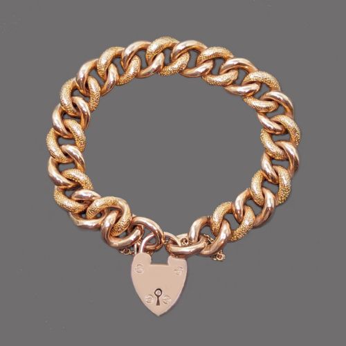 VICTORIAN ORNATE CURB LINK BRACELET HEART PADLOCK 9CT ROSE GOLD ANTIQUE 27GRAMS - ADDITIONAL PHOTO 2