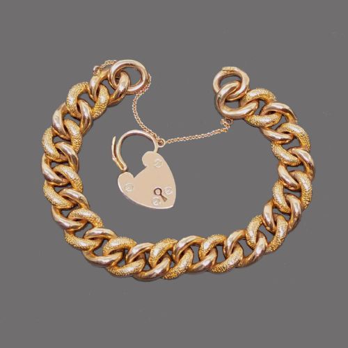 VICTORIAN ORNATE CURB LINK BRACELET HEART PADLOCK 9CT ROSE GOLD ANTIQUE 27GRAMS - ADDITIONAL PHOTO 3
