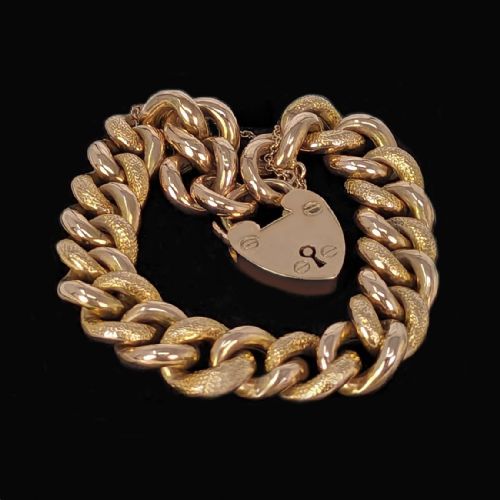 VICTORIAN ORNATE CURB LINK BRACELET HEART PADLOCK 9CT ROSE GOLD ANTIQUE 27GRAMS - ADDITIONAL PHOTO 4
