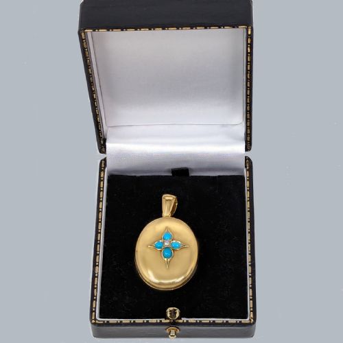 VICTORIAN TURQUOISE AND PEARL LOCKET 18CT GOLD STAR MOTIF ANTIQUE PHOTO LOCKET - ADDITIONAL PHOTO 3