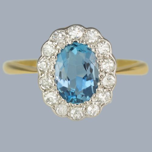 aquamarine and diamond cluster ring vintage 18ct gold and platinum 1950s engagement ring - CATEGORY: ANTIQUE JEWELLERY - DATED 1950