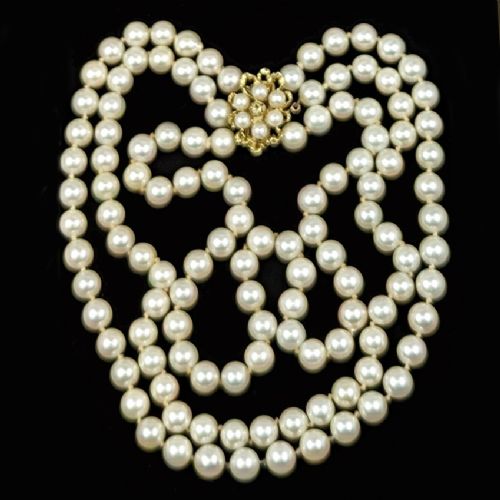 Vintage Pearl Necklace 14ct Gold Cluster Clasp Single/Double/Triple Strand 1960s