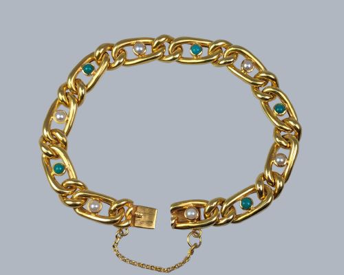 ANTIQUE 15CT GOLD TURQUOISE PEARL CURB LINK BRACELET VICTORIAN BRACELET CIRCA 1880 - ADDITIONAL PHOTO 1