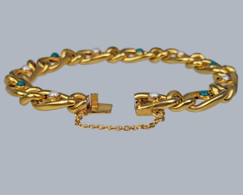 ANTIQUE 15CT GOLD TURQUOISE PEARL CURB LINK BRACELET VICTORIAN BRACELET CIRCA 1880 - ADDITIONAL PHOTO 3