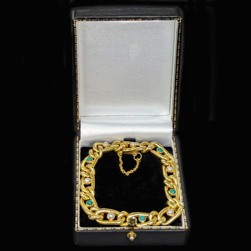 ANTIQUE 15CT GOLD TURQUOISE PEARL CURB LINK BRACELET VICTORIAN BRACELET CIRCA 1880 - ADDITIONAL PHOTO 5