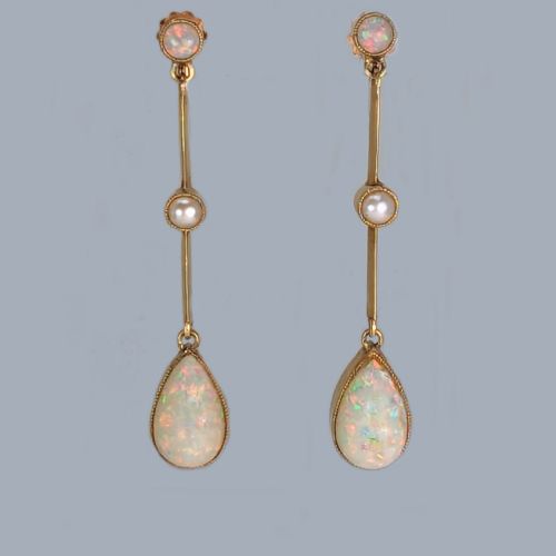 edwardian opal pearl drop earrings 15ct gold antique art deco dangle earrings - CATEGORY: ANTIQUE JEWELLERY - DATED EDWARDIAN