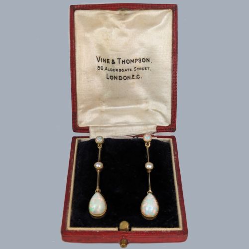 EDWARDIAN OPAL PEARL DROP EARRINGS 15CT GOLD ANTIQUE ART DECO DANGLE EARRINGS - ADDITIONAL PHOTO 1
