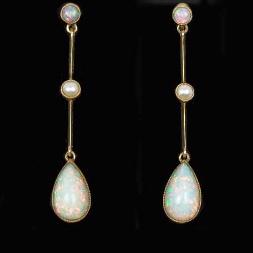 EDWARDIAN OPAL PEARL DROP EARRINGS 15CT GOLD ANTIQUE ART DECO DANGLE EARRINGS - ADDITIONAL PHOTO 3