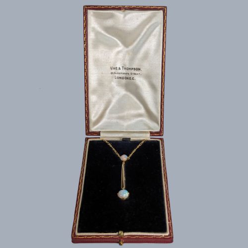 ANTIQUE OPAL NECKLACE 15CT GOLD ART DECO LAVALIERE PENDANT CA 192030S WITH BOX - ADDITIONAL PHOTO 2