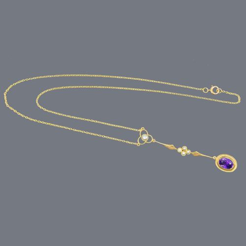 EDWARDIAN AMETHYST AND PEARL NECKLACE 9CT GOLD ANTIQUE DROP LAVALIERE PENDANT - ADDITIONAL PHOTO 1