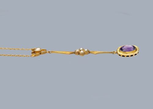 EDWARDIAN AMETHYST AND PEARL NECKLACE 9CT GOLD ANTIQUE DROP LAVALIERE PENDANT - ADDITIONAL PHOTO 3