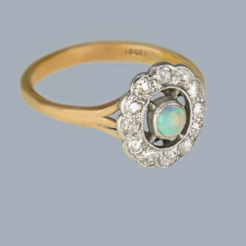 ANTIQUE OPAL DIAMOND CLUSTER RING 18CT GOLD EDWARDIAN RING - ADDITIONAL PHOTO 2