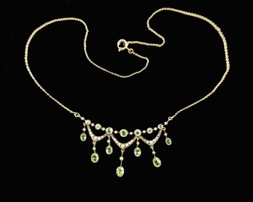 VINTAGE BIRKS PERIDOT SEED PEARL NECKLACE 14CT GOLD ANTIQUE FRINGE SWAG NECKLACE - ADDITIONAL PHOTO 1