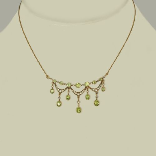 VINTAGE BIRKS PERIDOT SEED PEARL NECKLACE 14CT GOLD ANTIQUE FRINGE SWAG NECKLACE - ADDITIONAL PHOTO 2