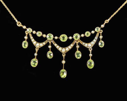 VINTAGE BIRKS PERIDOT SEED PEARL NECKLACE 14CT GOLD ANTIQUE FRINGE SWAG NECKLACE - ADDITIONAL PHOTO 3