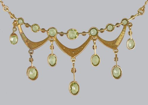VINTAGE BIRKS PERIDOT SEED PEARL NECKLACE 14CT GOLD ANTIQUE FRINGE SWAG NECKLACE - ADDITIONAL PHOTO 4