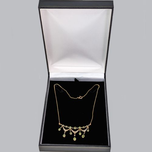 VINTAGE BIRKS PERIDOT SEED PEARL NECKLACE 14CT GOLD ANTIQUE FRINGE SWAG NECKLACE - ADDITIONAL PHOTO 5