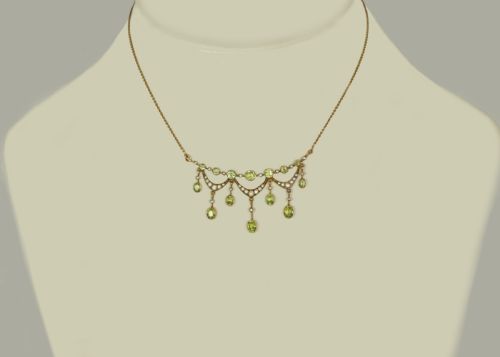 VINTAGE BIRKS PERIDOT SEED PEARL NECKLACE 14CT GOLD ANTIQUE FRINGE SWAG NECKLACE - ADDITIONAL PHOTO 6
