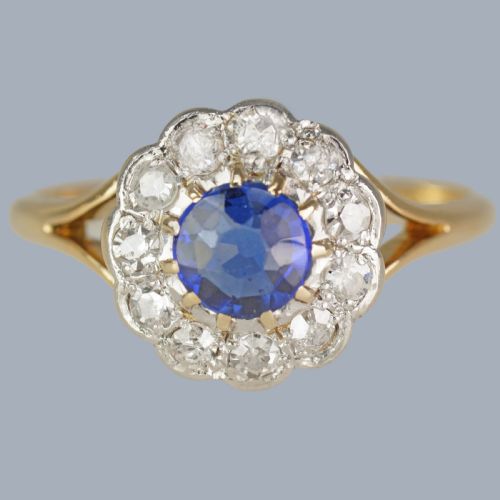 edwardian sapphire and diamond cluster ring 18ct gold antique flowerhead ring - CATEGORY: ANTIQUE JEWELLERY - DATED EDWARDIAN
