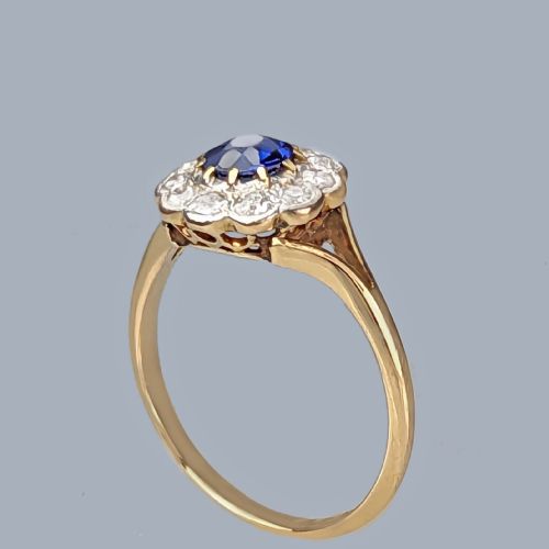 EDWARDIAN SAPPHIRE AND DIAMOND CLUSTER RING 18CT GOLD ANTIQUE FLOWERHEAD RING - ADDITIONAL PHOTO 7
