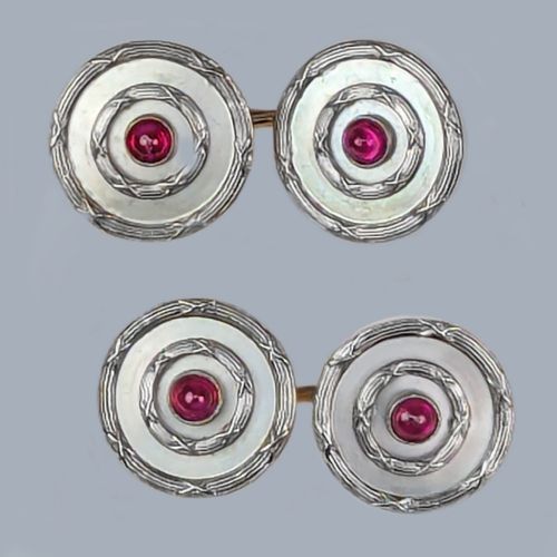art deco mother of pearl and ruby cufflinks 9ct gold platinum antique cufflinks - CATEGORY: ANTIQUE JEWELLERY - DATED 1920