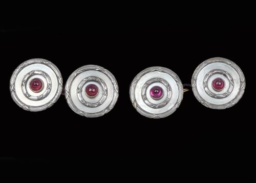 ART DECO MOTHER OF PEARL AND RUBY CUFFLINKS 9CT GOLD PLATINUM ANTIQUE CUFFLINKS - ADDITIONAL PHOTO 5