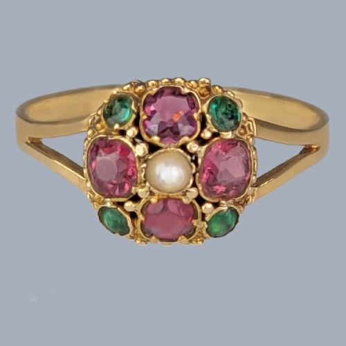 antique garnet and pearl cluster ring 18ct gold ornate victorian ring circa 1890 - CATEGORY: ANTIQUE JEWELLERY - DATED VICTORIAN